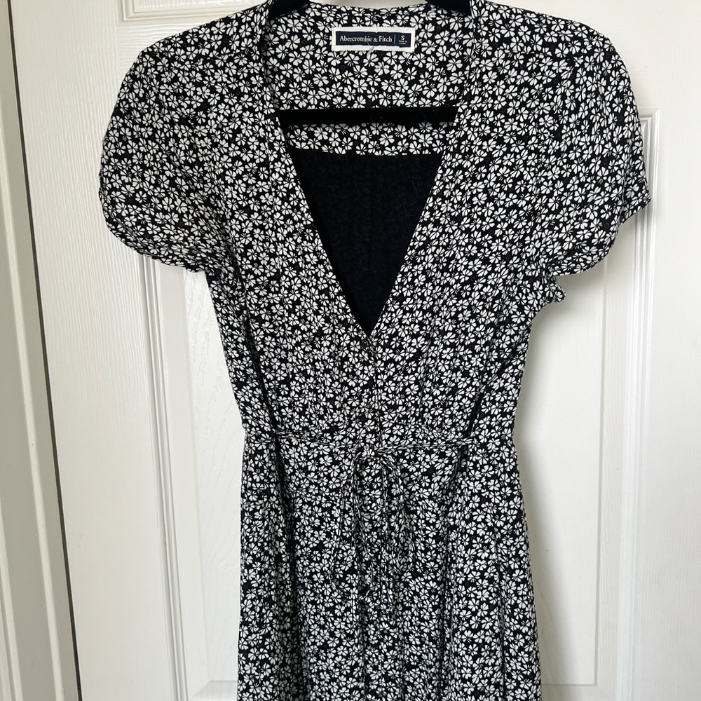 Black and white floral button up dress with waist tie